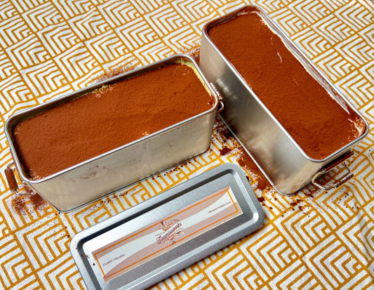 Classic Tiramisu recipe in a tin – luxury non-alcoholic dessert from Tiramisu Cake UK, perfect for gifting or indulgence.