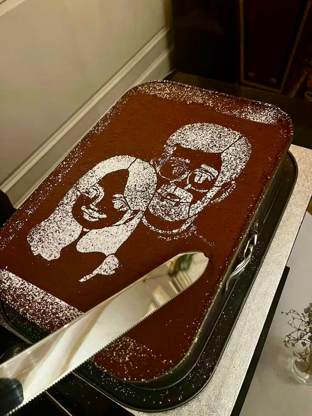 Tiramisu Wedding Cake featuring artistic portrait design, perfect for intimate events.