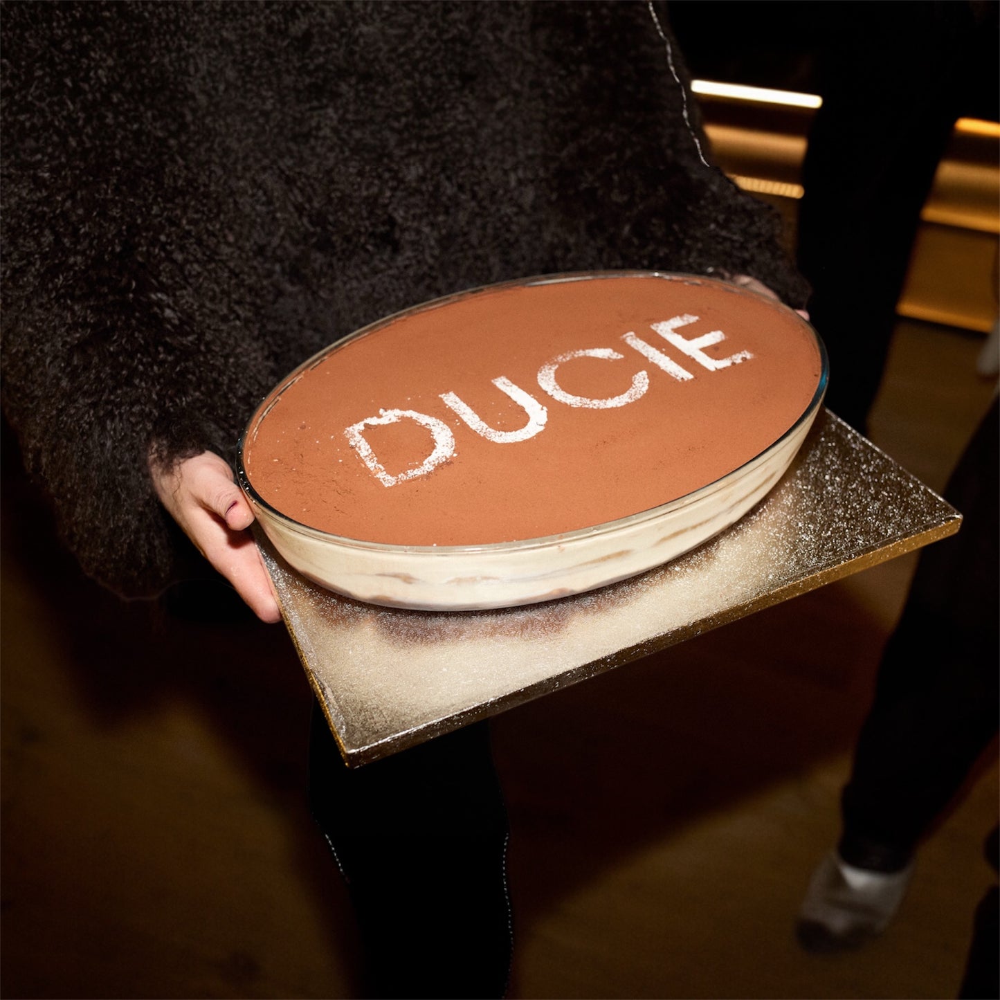 Personalised Wedding Tiramisu Tray with name DUCIE on top, presented elegantly for a special celebration.