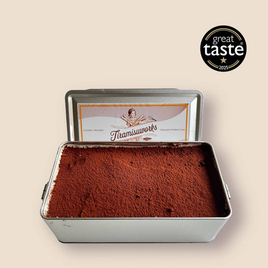  Halal classic tiramisu in premium tin, Great Taste Award 2025 winner, alcohol-free luxury dessert handmade in UK with fresh delivery.