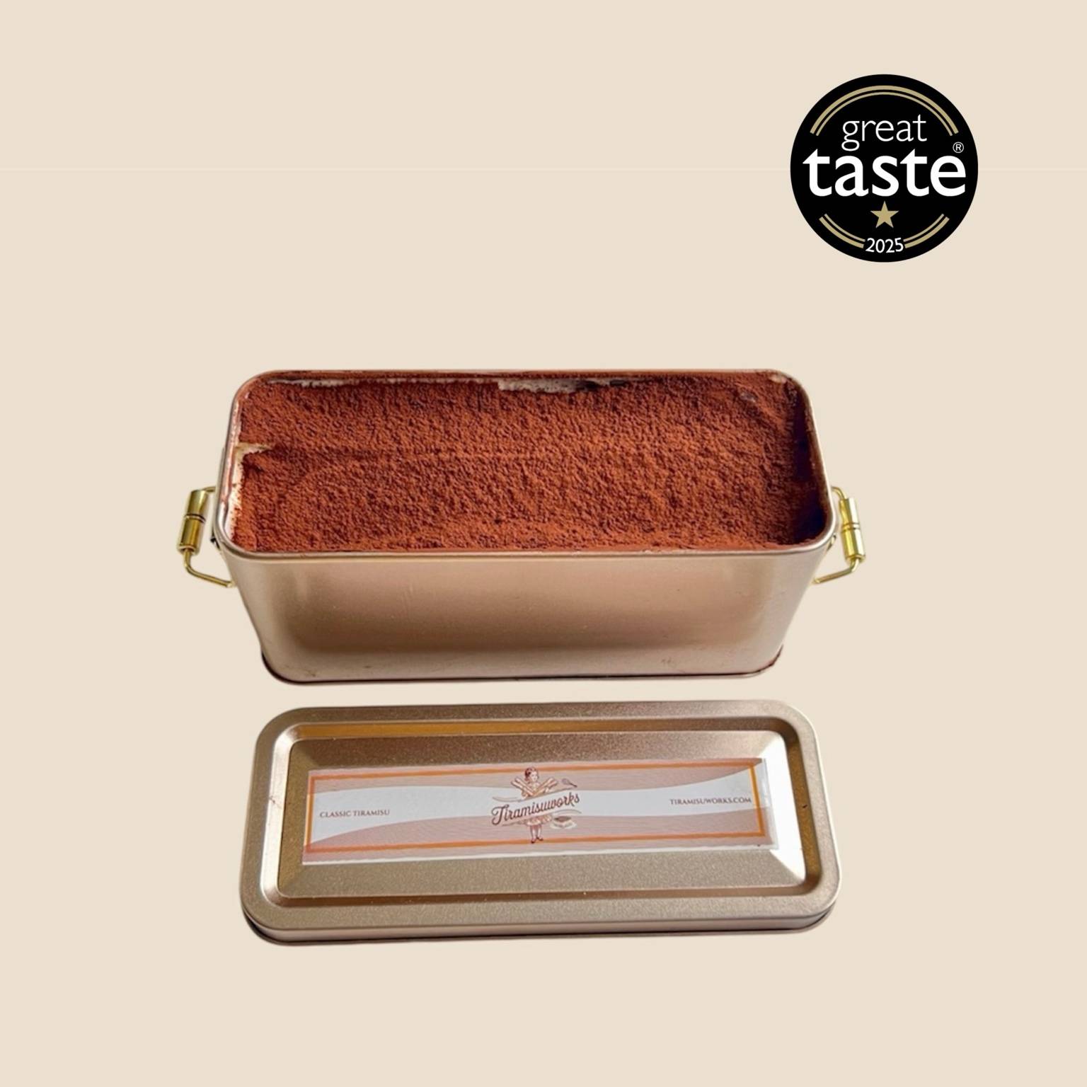 Award-winning halal rectangular tiramisu tin, handmade dessert, Great Taste 2025, alcohol-free, UK nationwide delivery.