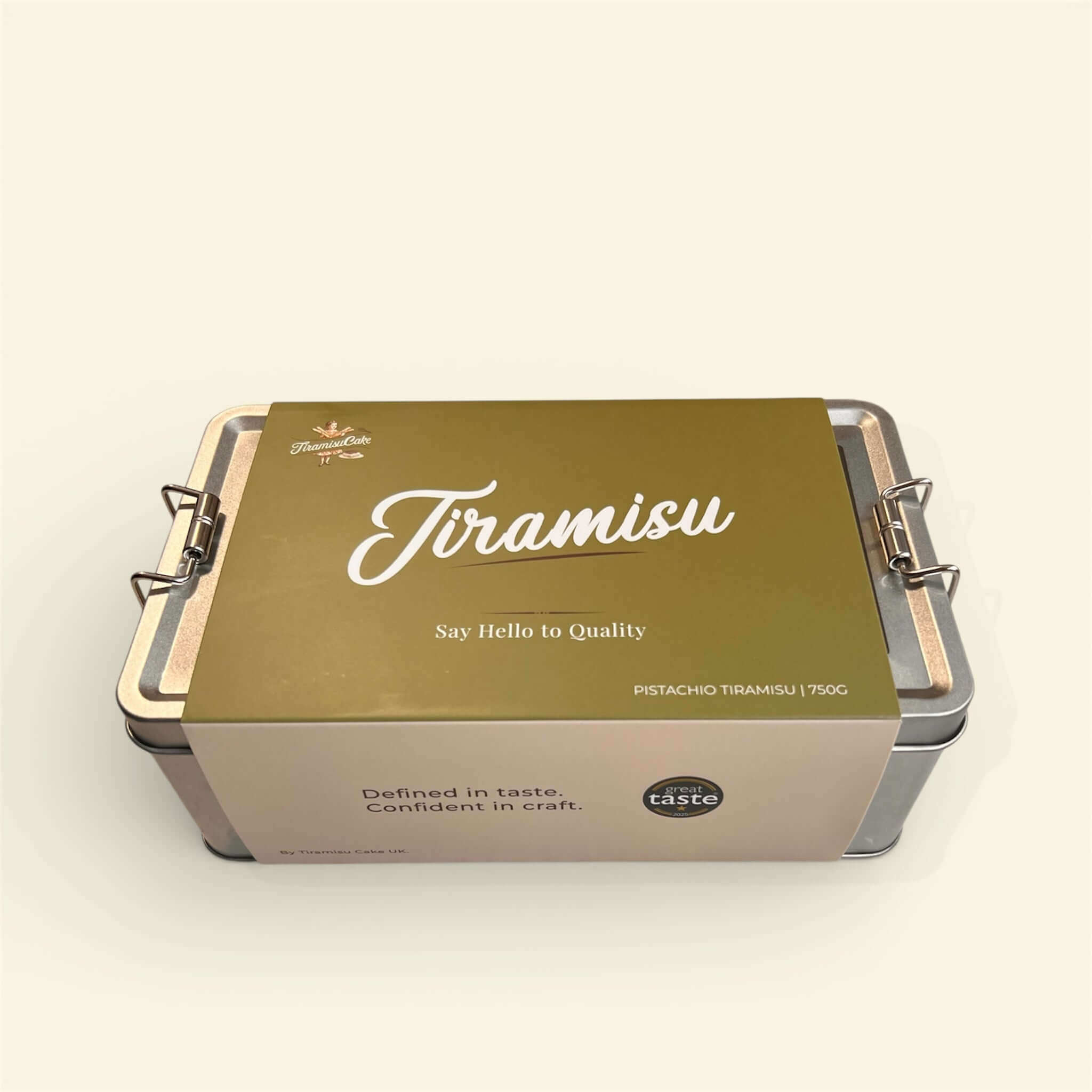 Pistachio Tiramisu 750g packaging showcasing quality craftsmanship and inviting design.