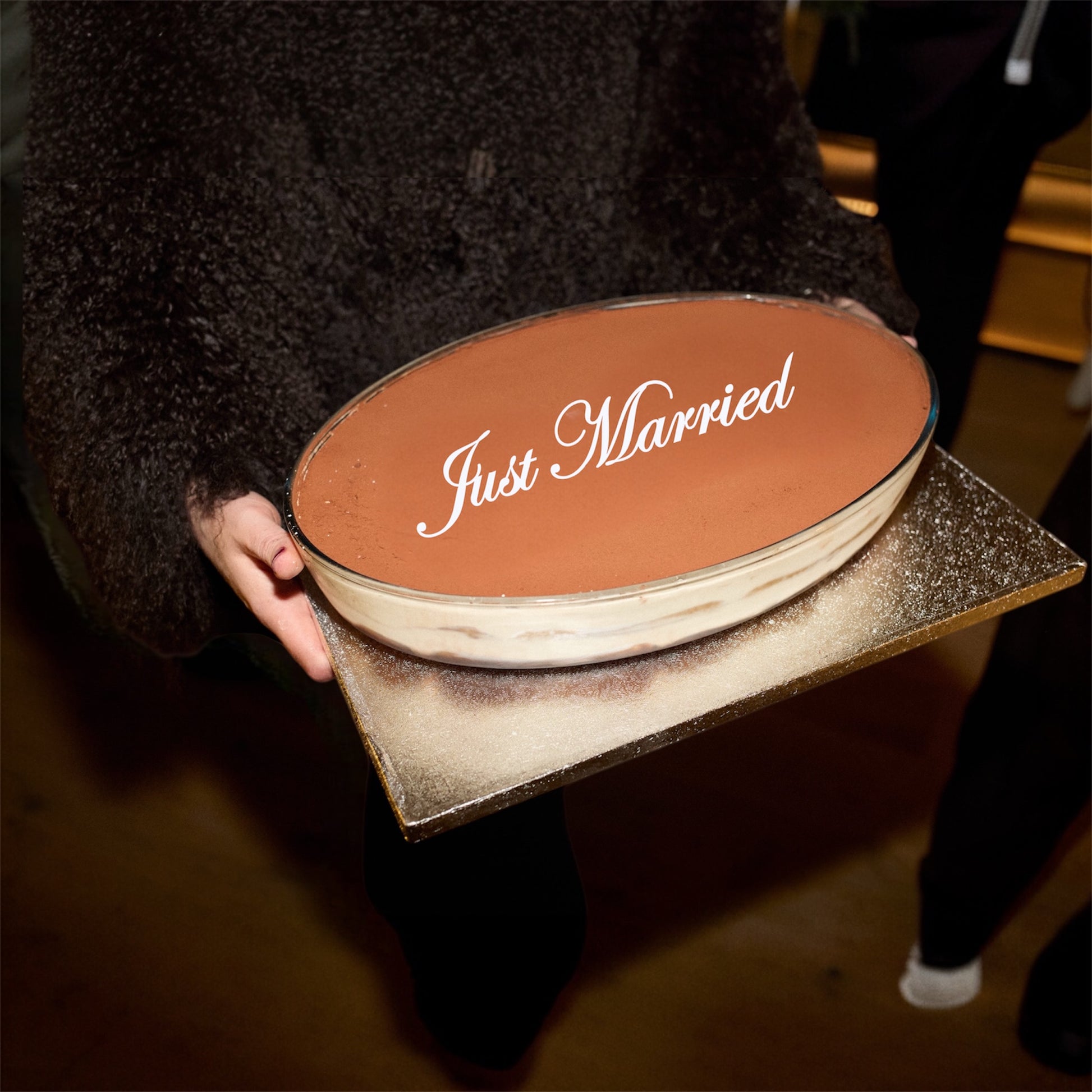 Personalised Wedding Tiramisu Tray with 'Just Married' written on top, perfect for wedding celebrations.