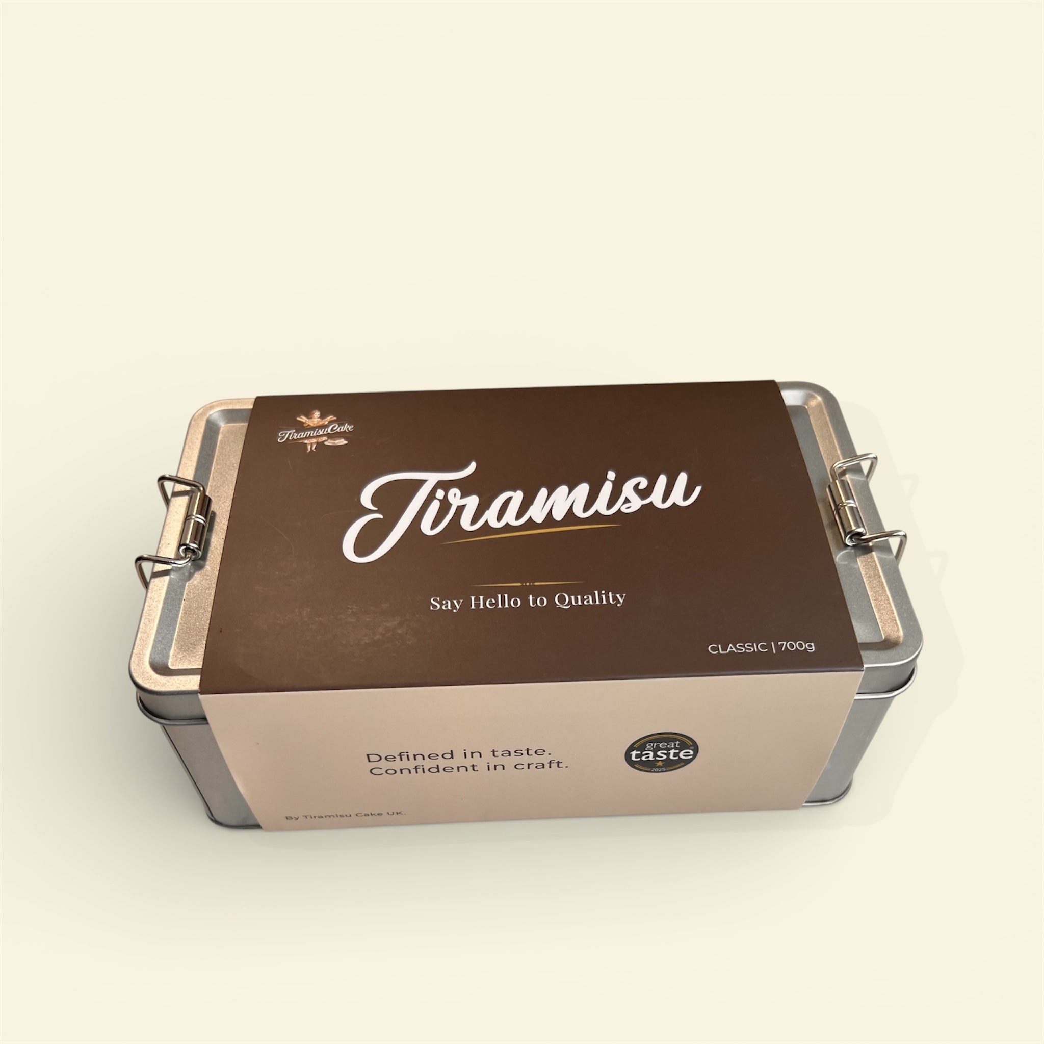 Classic Tiramisu 700g dessert packaging showcasing quality with a stylish design.