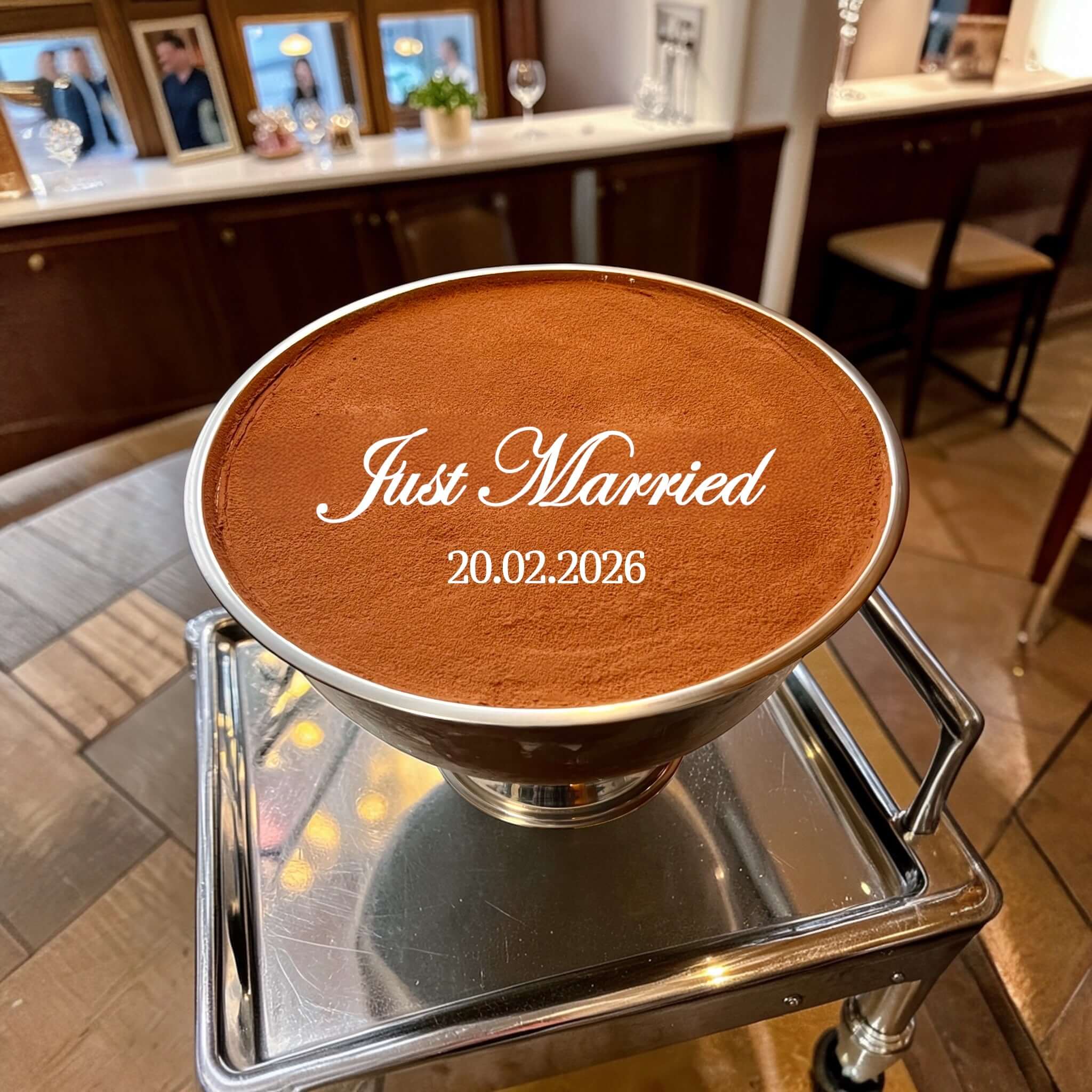 Luxury Alcohol-Free Tiramisu Bowl decorated with 'Just Married' and date, perfect for wedding celebrations.