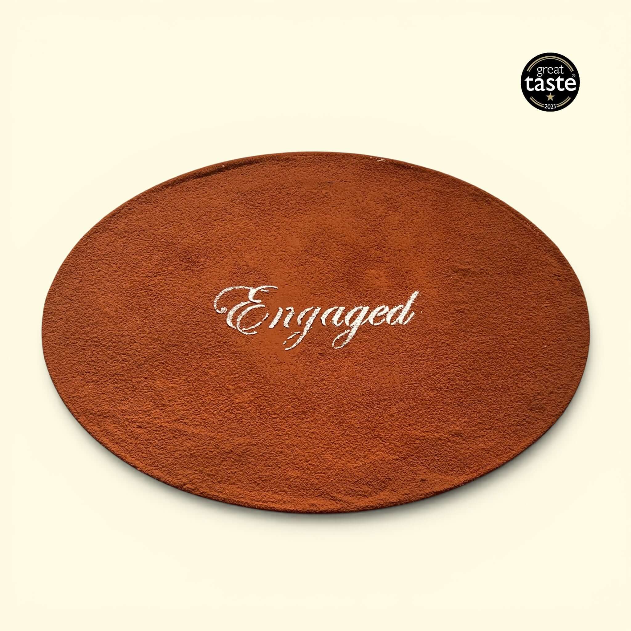 Personalised Wedding Tiramisu Tray with 'Engaged' text and Great Taste Award 2025 logo.
