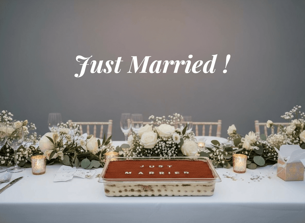 Tiramisu Wedding Cake decorated with flowers on a wedding table, celebrating a joyous occasion with 'Just Married!'. Great for wedding events.