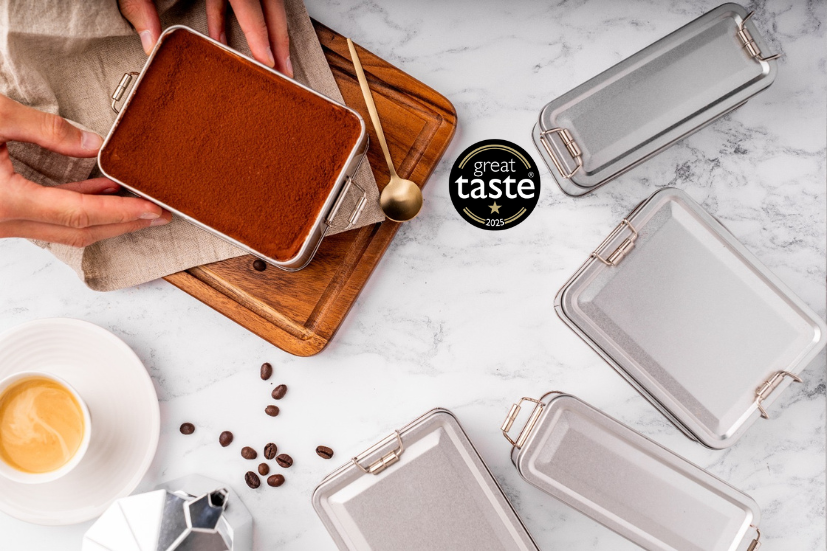 Award-winning classic tiramisu in a premium metal tin, Great Taste Award UK, served with coffee beans and espresso.