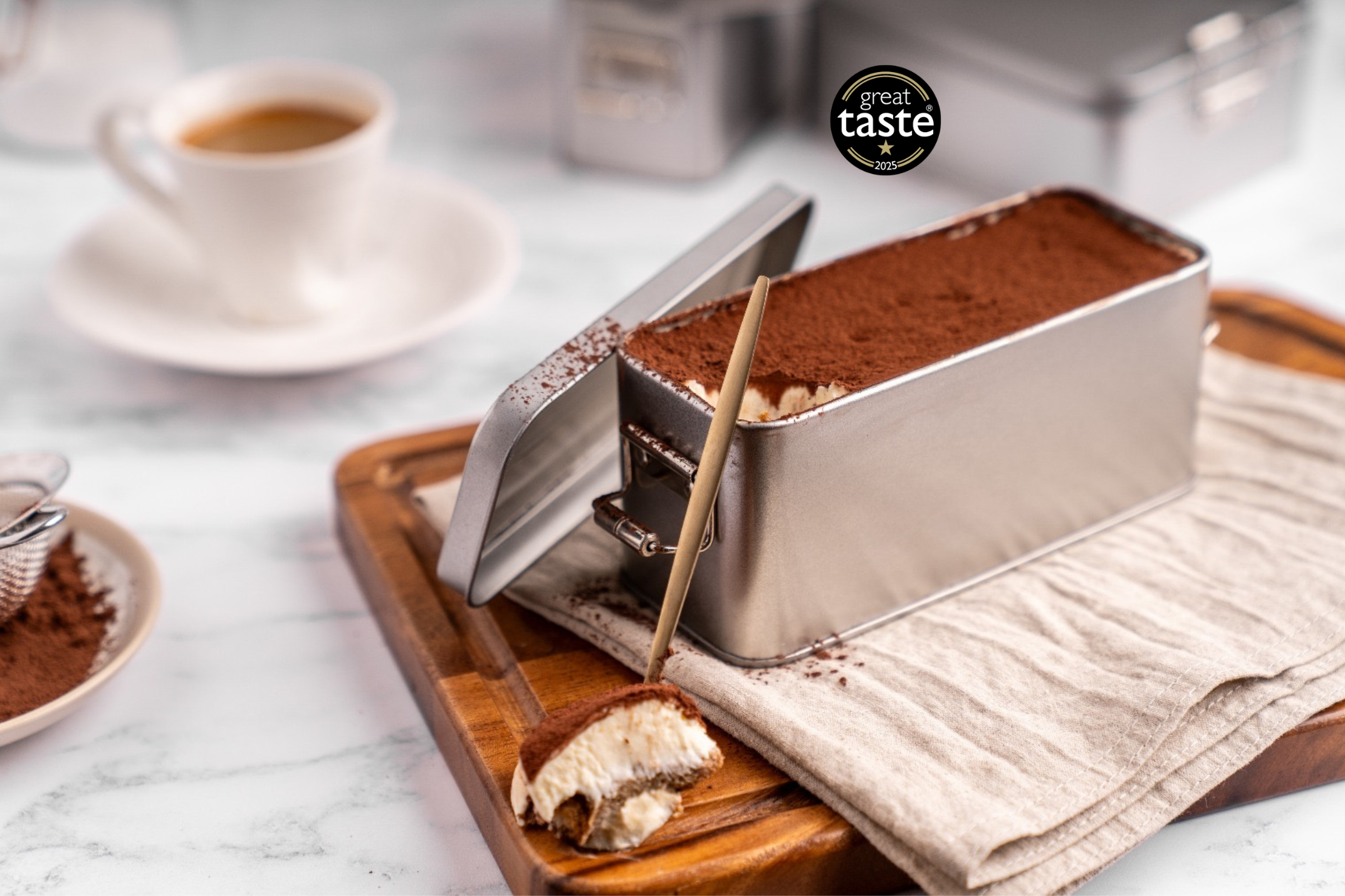 Halal tiramisu cake in tin - alcohol free