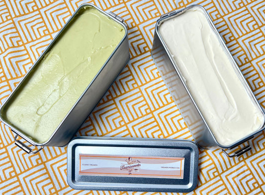 Mix Tiramisu UK – Classic & Pistachio in Elegant Tin Box on Patterned Background
