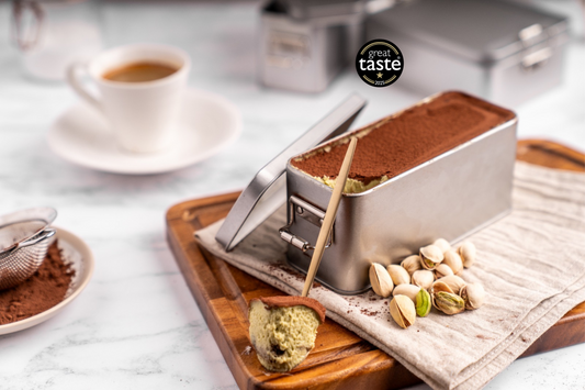 Award-winning pistachio tiramisu cake in tin – halal, alcohol-free Italian dessert handmade in the UK